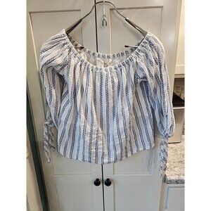 Thread Supply Womens Top SZ‎ S White Blue Stripe Cotton Off Shoulder A Line